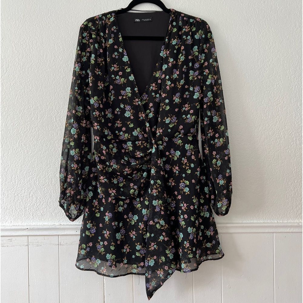 ZARA black turquoise floral afternoon tea party grunge 90s style dress XL